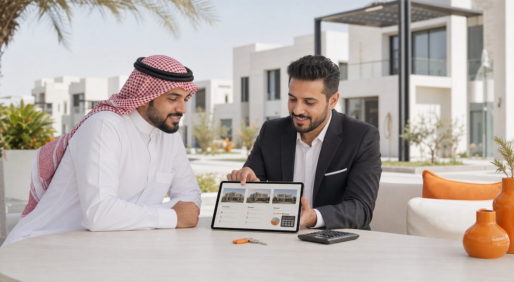 مشتري ووسيط عقاري يقارنان عقارات مناسبة للميزانية