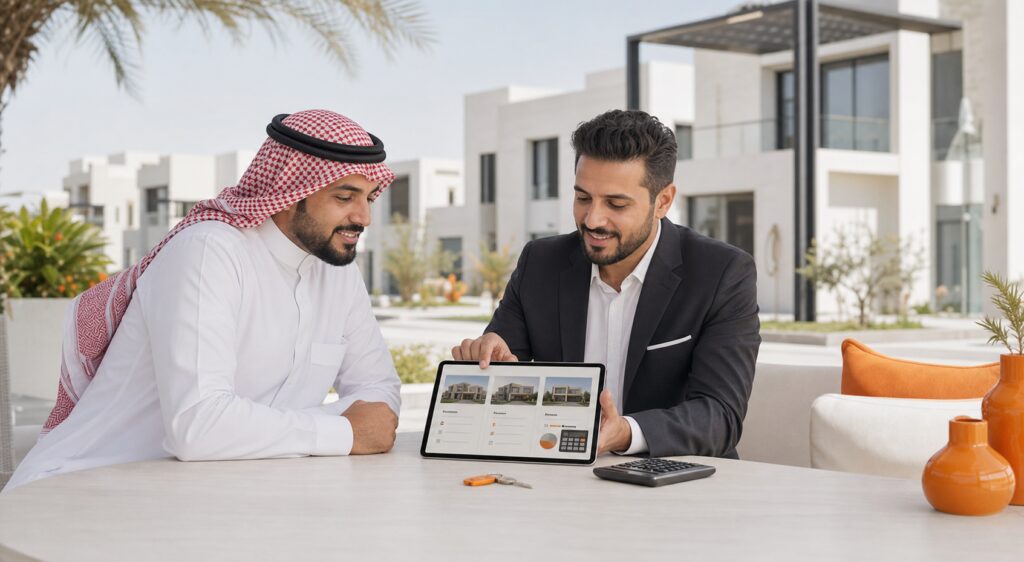 مشتري ووسيط عقاري يقارنان عقارات مناسبة للميزانية
